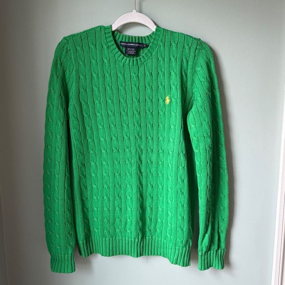 Ralph Lauren Sport Cable Knit Crewneck Sweater Kelly Green Yellow Pony Large
